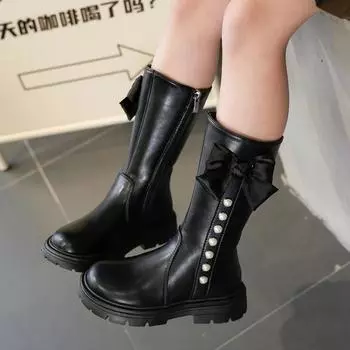 Classic Girls Long High Boots Sweet Chic Children Princess Causal Boots Fashion Versatile Side Bowknot Kids Leather Boots Simple 27 чёрный