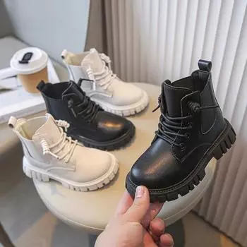 Классические школьные ботинки для девочек Черные Бежевые Универсальные детские ботильоны на платформе Модные повседневные детские короткие ботинки Простые с круглым носком 26 чёрный