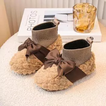 Classic Girls Short Boots Winter Warm Children s Princess Cotton Shoes Fashion Versatile Bowknot Kids Causal Plush Socks Boots 21 чёрный