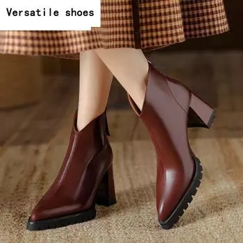 Классические женские ботильоны на высоком каблуке, сексуальные кожаные туфли с острым носком, ретро-модные туфли для вечеринок, новые тенденции, туфли-лодочки, Botas Mujer 35