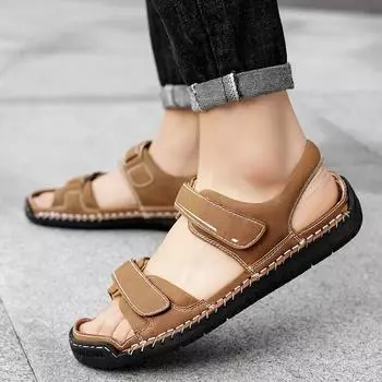 Classic High Quality Cow Leather Sandals Summer Outdoor Handmade Men Sandals Fashion Comfortable Men Beach Leather Shoes Size48 38 чёрный