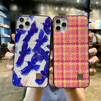 Classic Houndstooth Dove Phone Case For iPhone 16 15 14 13 12 11 Pro Max Plus Fresh Leaf Glitter Gold Foil Shockproof Back Cover For iPhone 16