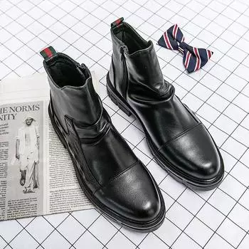 Classic Men Boots with PU Stitching High Top Low Heel Side Zipper Business Formal Boots Anti Slip Classic Waterproof Work Boots 38