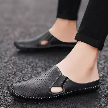 Classic Mens Casual Leather Boat Shoes Men Loafers Shoes Hollow Out Breathable Half Slipper Flats Lazy Shoes Muller Shoes Man 38 чёрный