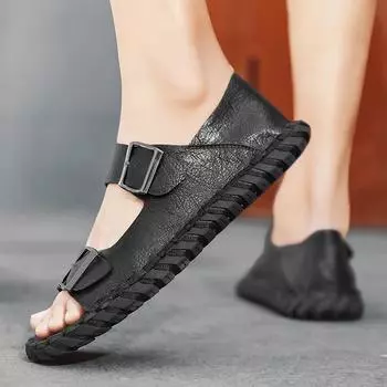 Классические мужские сандалии Slip On летние кожаные сандалии тапочки мужские повседневные легкие сандалии обувь 38 чёрный