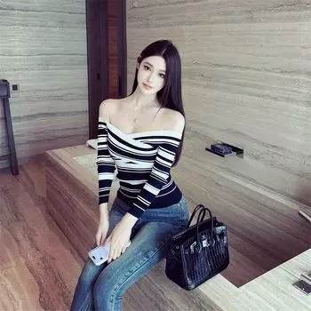 Classic off-Shoulder High Elastic Silm Slim Looking Black and White Jacket Stripes S