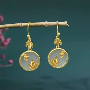 Classic Palace Style Earrings Copper Gold Plated Imitation Hotan Jade Earrings China-Chic Bamboo Leaves Premium Earrings Jewelry A