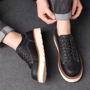 Classic Retro Handmade Casual Mens Oxford Shoes Top Comfort Men Fashion Men High Quality Leather Thick Soled Non-slip Work Shoes 38 чёрный