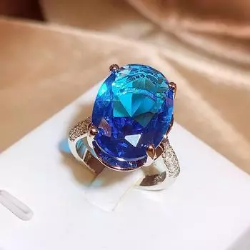 Classic Retro Large Shiny Blue Zircon Womens Ring Light Luxury Style Party Jewelry Non fading Ring Opening adjustable