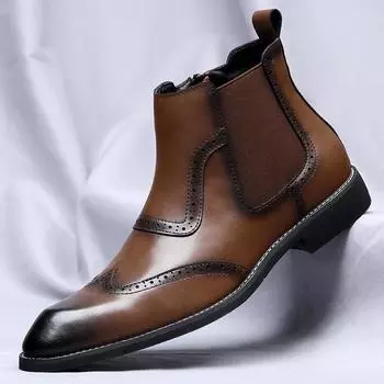 Classic Retro Man Chelsea Boots Men Brogue Leather Ankle Boots Fashion British Style Short Boots Versatile Casual Business Shoes 38 чёрный