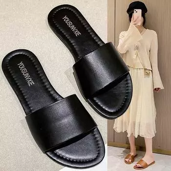 Classic Retro Slippers Woman Slides Casual Square Low Heels Shoes Woman Solid Summer Slippers Plus Size Zapatos De Mujer 36