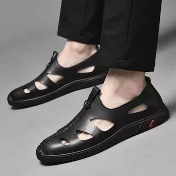 Классические сандалии мужские из натуральной кожи с выемками повседневная обувь удобная однотонная мужская обувь для отдыха на открытом воздухе удобные мужские мокасины римская обувь 38 чёрный