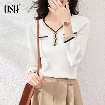 Classic Style OSHA White Spring & Fall V-neck Sweater White L