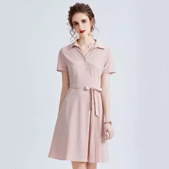 Classic Style Shirt Dress 2025 New Arrival Mid Length Long Length A- line Skirt Waist-Tight Slim Looking Pink Shirt Skirt Pink L