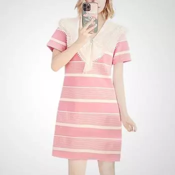 Classic Style Summer Doll Collar Pink Youthful-Looking Dress Pink S