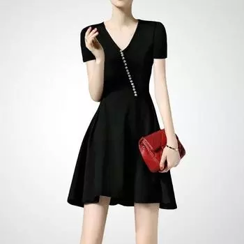 Classic Style Waist-Tight Summer Younger Fashion Black Dress Black S