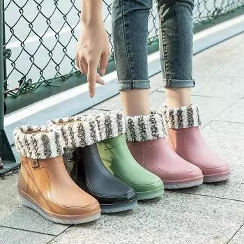 Classic stylish rainshoes women s ankle rain boots woman pink short booties warm winter thick wedged rubber shoes lady galoshes CN 36 чёрный