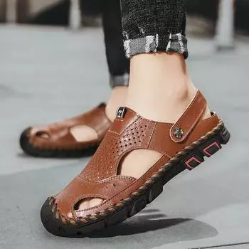 Классические летние мужские коричневые/черные/белые сандалии кожаные уличные мужские тапочки ручной работы мужские пляжные дышащие новые мужские повседневные туфли 38 чёрный