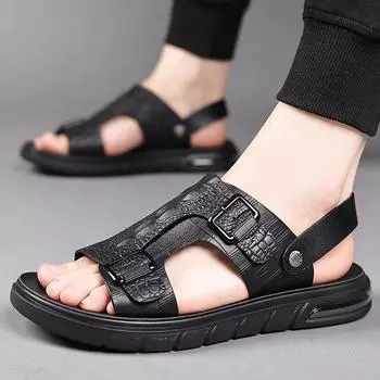 Classic Summer Men s Cowhide Business Casual Beach Shoes 2024 Fashionable Men s Simple and Comfortable Soft Soled Two on Sandals 38 коричневый