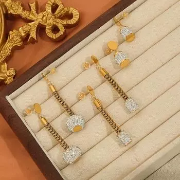 Classic Super Flash Full Diamond Cylindrical Stud Earrings Women S Fashion Personality Long Fringed Titanium Steel Gold-Plated Earrings