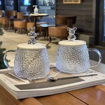 Классическая прозрачная чашка с маленьким медвежонком, простая женская чашка для воды с крышкой-ложкой, термостойкие стеклянные чашки для офиса, стеклянная бутылка для кофе 400ml