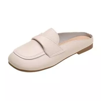 Classic Woman Square Closed Toe Slippers Summer Mules Flat Shoes Fashion Pu Leather Casual Sandals Women Wedding Shoes De Mujer 35