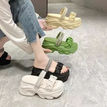 Classic Women s Popular Summer New Versatile Slippers Korean Edition Thick Sole Soft Sole High Heel Slope Heel Casual Slippers 34 бежевый