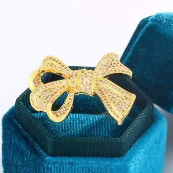 Классическое женское кольцо с бантом из желтого золота с бриллиантами, роскошные популярные ювелирные изделия, нежная мода, подарок на день рождения 10