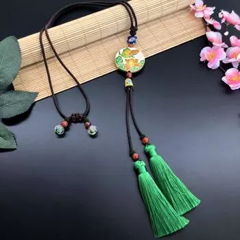 Classical ethnic style high-end long fringed necklace Cloisonne butterfly jade buckle femininity versatile sweater chain accessories