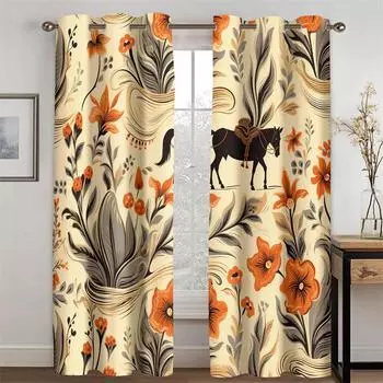 Classical Occident Pattern Curtains Abstract Plant cowboy Black Horse Living Room Bedroom Kitchen Balcony Window Decor 2 Panels 50W130H(CM)X2PCS&Grommet Top