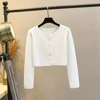 Classy Cardigan Outer Wear Knitted Fitted Waist Small Waistcoat Sweater White -8583 with buckle L