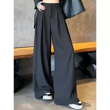 Classy Gray Stripes Suit Pants Women s Summer 2025 New Arrival High Waist Slim Looking Straight Drooping Mop Wide Leg Pants