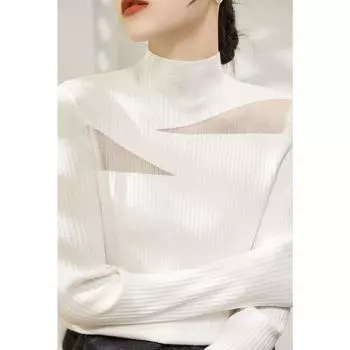 Classy Lace Mesh Design Long Sleeves Knitwear Tops New Arrival Wool Half Turtleneck Silm Inner Bottoming Sweater White M([Recommended 50.00 kg-55.00 kg]])
