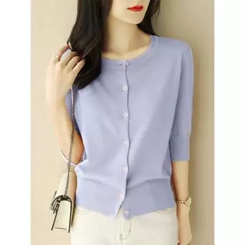 Classy Purple Mid-Sleeved Button Cardigan T-shirt Tops Women s Clothing Summer New Arrival Shoulder round Neck Ice Silk Knitwear Thin Smoked clothes purple [high quality fabric]] 3XL