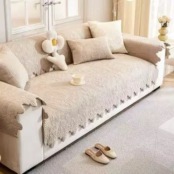 Classy Retro French Pure Cotton Sofa Cushion All Year Round Neutral Non-Slip Sofa Cover Sofa Towel Fabric Sofa Cushion Flowers Bloom and wealth-khaki Pillowcase 45*45cm