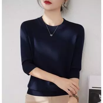 Classy round Neck Knitting Shoulder Half-Length Sleeve Underwear Blouse Royal Blue XL