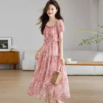 Classy Silk Dress 2025 New Arrival Women s Summer Elegant Luxury Big Brand off-Shoulder Mulberry Silk Floral Skirt Pink M