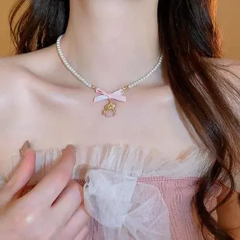 Clavicle Chain Jewelry Bowknot Pearl Pendant Cloth Bowknot Bow Pearl Chain Choker Lady/Girls серебряный