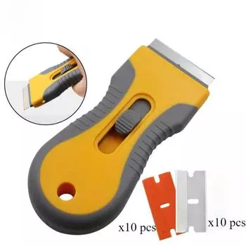 Инструмент-скребок для чистки, чистка стеклянных плит, красок, окон, этикеток, наклеек, керамических варочных панелей, духовок, с 10 лезвиями из нержавеющей стали, 10 пластиковыми лезвиями