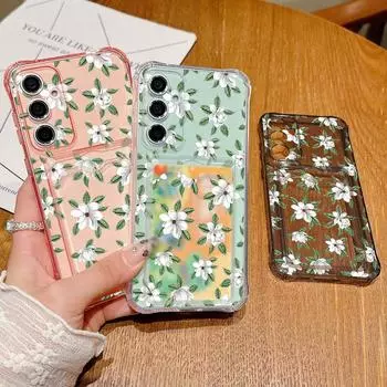 Clear Card Slot Gardenia Pattern Soft Silicone Phone Case for Samsung S24 S22 Ultra S23 S21 S20 Fe A55 A54 A53 A52 A35 A16 A15 Shockproof Slim Cover Samsung S24 FE серый