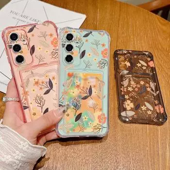 Clear Card Slot Orange Flower Pattern Soft Silicone Case for Samsung S24 S22 Ultra S23 S21 S20 Fe A55 A54 A53 A52 A35 A16 A15 Shockproof Slim Cover Samsung S24 серый