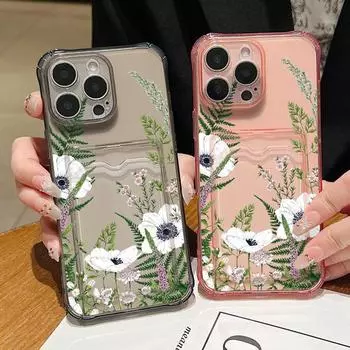 Clear Card Slot Soft Silicone Flower Pattern Phone Case for iPhone 16 15 Pro 14 13 Pro Max 12 11 Shockproof Lens Protection Slim Cover iPhone 16 чёрный