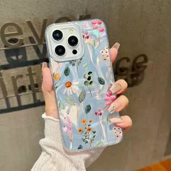 Clear Soft Edge Glitter Slim Phone Case For iPhone 16 Pro Max 15 Pro 14 13 12 11 Floral Pattern Feather Sparkling Shockproof Hard PC Back Cover iPhone 16 зелёный