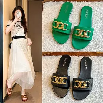 Clear Transparent Flat Slippers Women Shoes Woman Metal Chain Slides Rainbow Colorful Summer Beach Slippers Flip Flops Plus Size 36 зелёный