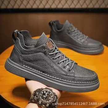 Clearance men s shoes new spring black leather shoes non-slip and wear-resistant lightweight board shoes trend versatile height increase sports an 39 чёрный