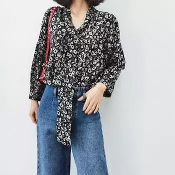 Clearance Women s Black Daisy Print Silk Ribbon Blouse - 3/4 Sleeve S (around 52.5 kg, 70ABC)