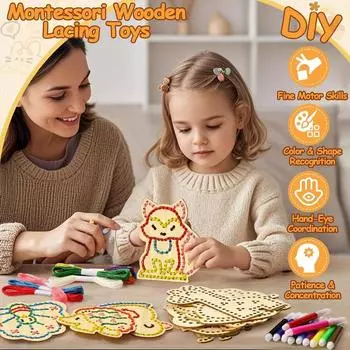 Cleboen Montessori Деревянные шнуровки Карточки Игрушки для малышей Детские поделки | Дошкольное образование разноцветный