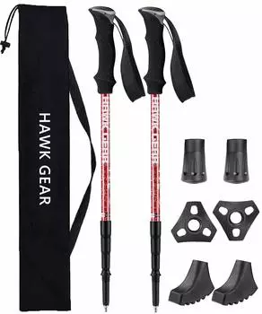 Climbing trekking with function Metal [HAWK GEAR] poles, poles, lightweight, 2-piece set, anti-shock (New Red)