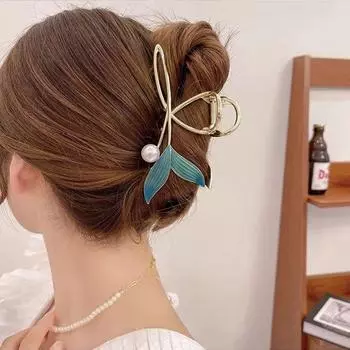 Clip Hollow Pearl Hair Clip Blue Fishtail Hair Claw Female Hair Accessories Korean Style Grab Clip синий