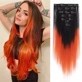 Накладные волосы на клипсах 7 шт с 16 клипсами короткие прямые волосы шиньоны черный оранжевый цвет омбре